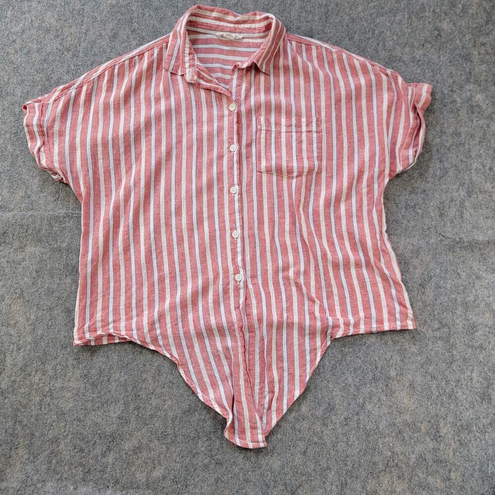 BeachLunchLounge Red Striped Cotton Linen Top Size S Tie Front Boxy Short Sleeve